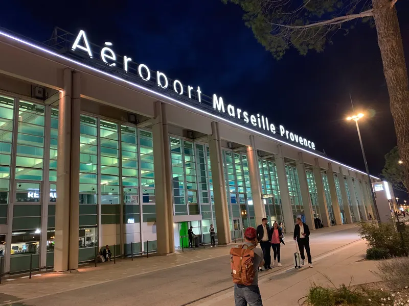 Marseille Provence Airport terminal building at night